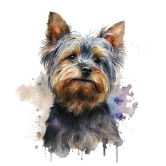 Yorkshire Terrier watercolor dog clipart on the white isolated background. 