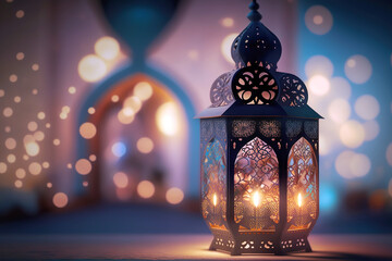 Cozy lighting, in a festive design. Ornate oriental lamp with beautiful bokeh lights in the background. AI generated illustration.