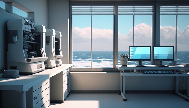 Scientific, Research Laboratory, Pharma, Biotech Lab Interior, Sea, Ocean View, Marine Biology, Biochemistry, AI Generative