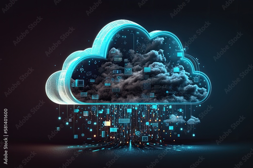 Poster notion of cloud data storage. concept of digital communication. data information systems and interne