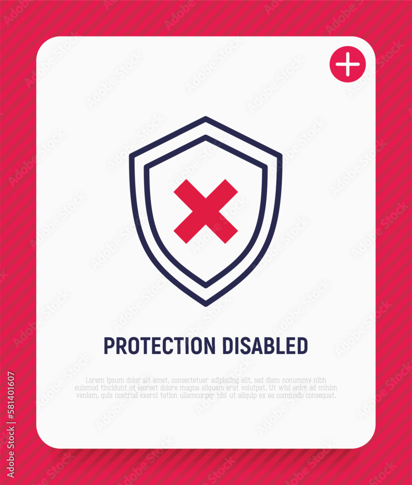 Poster security disabled thin line icon. shield with cross mark. vector illustration.