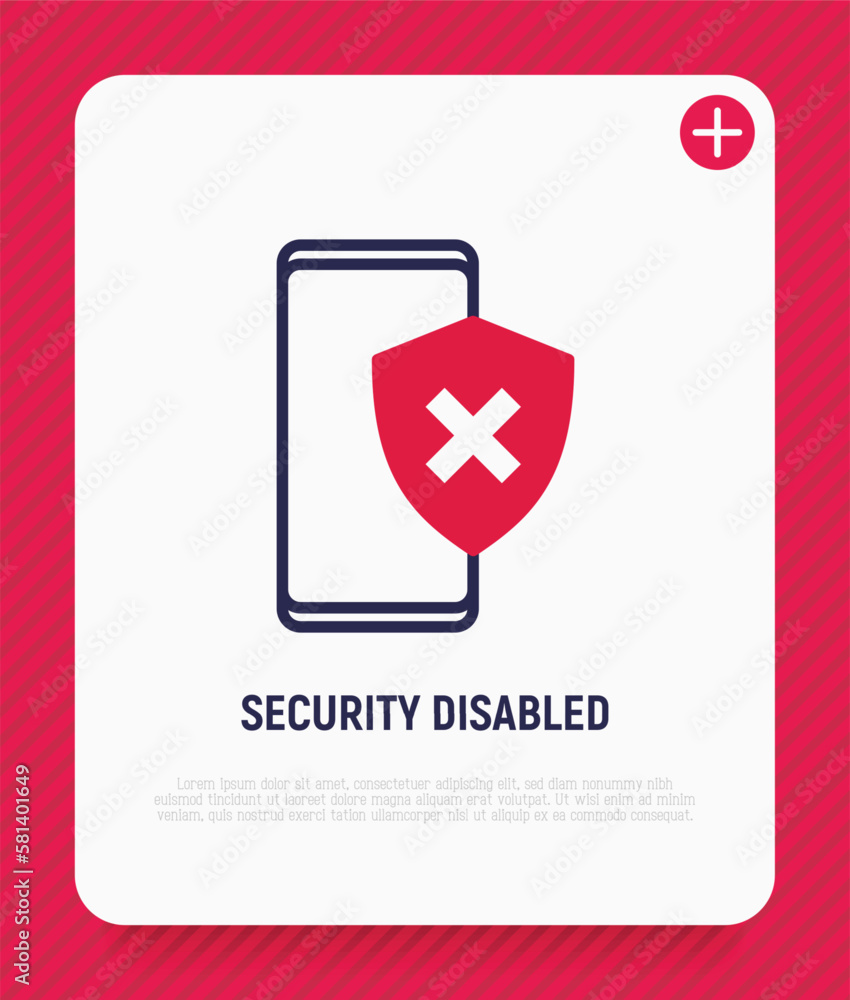 Aufkleber security disabled thin line icon. smartphone with shield with cross mark. vector illustration.