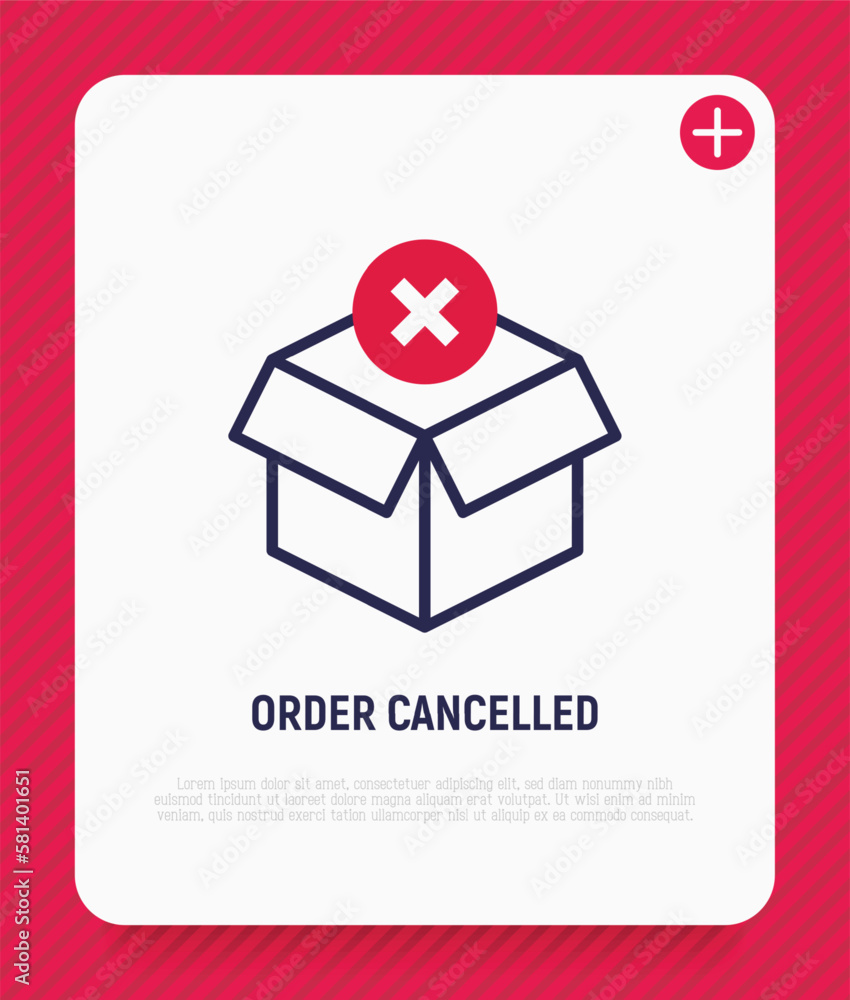 Poster order cancelled thin line icon. opened package with cross mark. parcel declined. modern vector illus