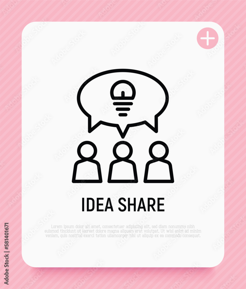 Poster idea sharing thin line icon. group of people is brainstorming. teamwork. speech bubble with light bu