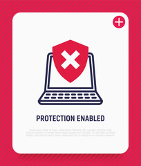 Protection enabled thin line icon. Opened laptop is protected by shield with cross mark. Vector illustration.