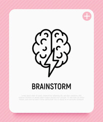 Brainstorm thin line icon: brain with flash. Creativity, inspiration, imagination. Modern vector illustration.
