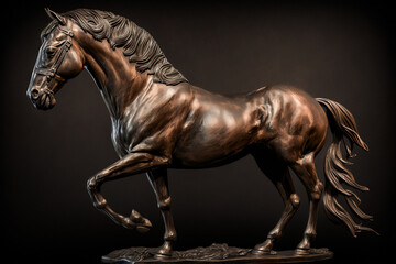 Escultura de caballo de bronce con detalles intrincados estilo realista, iluminación de estudio sobre fondo oscuro, generative ai. - obrazy, fototapety, plakaty