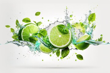 Water splash on white background with fruit slices, mint leaves, and ice cubes as a concept for summer. Generative AI