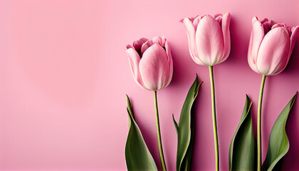 Spring tulip flowers on pink background top view in flat lay style. AI generated