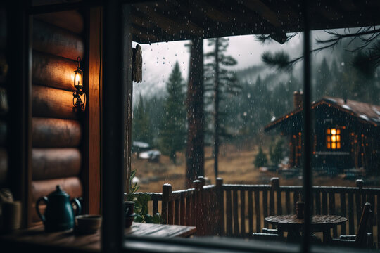 Rain Storm, View From Inside Winter Cabin, Cozy, Warm Hues. AI Generated