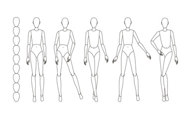 Fashionable outline template for technical fashion sketches. Models in different poses, vector illustration