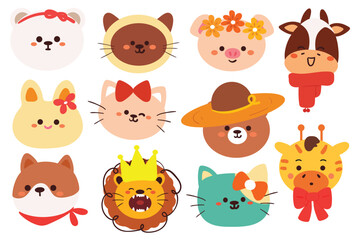 hand drawing cute cartoon animal character sticker set