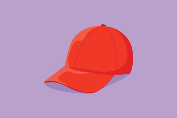 Fototapeta premium Cartoon flat style drawing of red baseball cap as a sports symbol. Unisex outdoor sport baseball, golf, tennis, uniform cap logotype, label, template, sticker, icon. Graphic design vector illustration