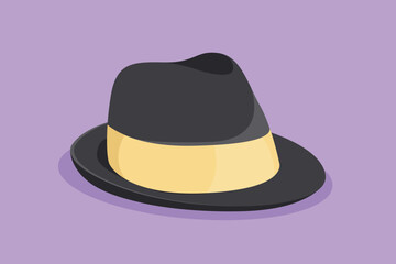 Character flat drawing of beach hat panama icon, label, template, symbol. Fedora hat, with tan leather band, indented crown and brims snapped up. Men head accessory. Cartoon design vector illustration