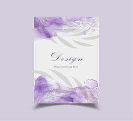 Naklejka na ściany i meble Brochure with drawn leaves decoration, purple watercolor with space for text. Template for posters, invitations, banners, social media stories and posts in a minimalist style. Vector illustration.