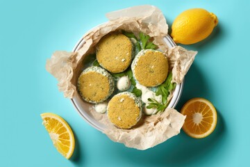 Fototapeta na wymiar top view of fresh chickpea falafel with tzatziki sauce. Generative AI