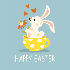 cute rabbit in a cup with a flower and the inscription happy easter