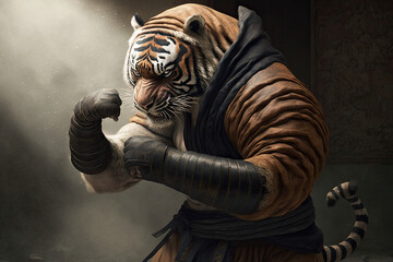 Fototapeta na wymiar Hyper realistic tiger practicing a martial art, dressed like a human, generative AI