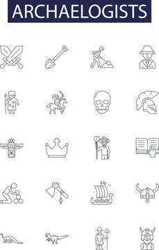 Archaelogists line vector icons and signs. Fossil, Dig, Discovery, Research, Unearth, Ancient, Relic, Excavation outline vector illustration set