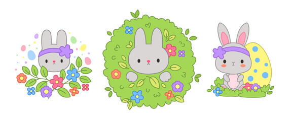 Naklejka premium Cute rabbit cartoon bunny kawaii vector. Spring Easter theme. Rabbit on the grass, leaves and flowers. Children illustration japanese korean anime chibi style. Adorable baby rabbit girl with hairband.