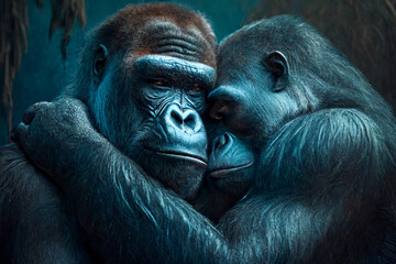 Silverback Gorillas couple in the jungle. LGBT representation. Created with Generative Al technology