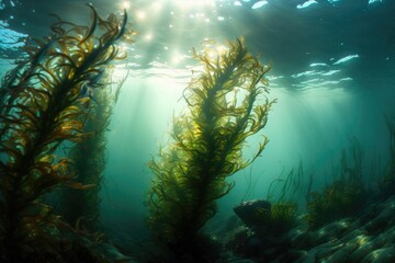 Wild algae in the sun growing in blue sea water. Generative ai. - obrazy, fototapety, plakaty