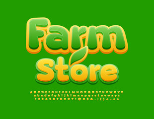 Vector bright Signboard Farm Store with modern creative Font. Artistic Alphabet Letters and Numbers
