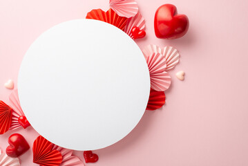 8-march celebration concept. Top view photo of white circle pink and red origami paper hearts on...