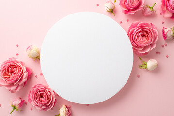 Women's Day concept. Top view photo of white circle pink peony rose and heart shaped sprinkles on isolated pastel pink background with copyspace - obrazy, fototapety, plakaty