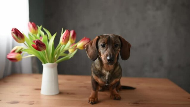 Funny dachshund puppy with tulips.