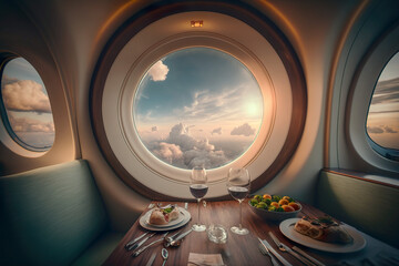 Luxury boarding in a private modern business jet. Luxurious interior in the right design. AI generated illustration.
