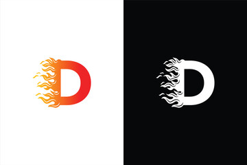 Initial letter D and fire shape with ribbon logo style in gradient color. D letter logo, fire flames logo design.