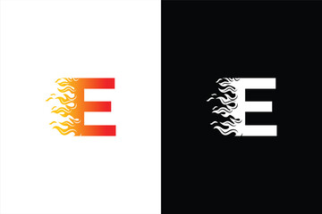 Initial letter E and fire shape with ribbon logo style in gradient color. E letter logo, fire flames logo design.