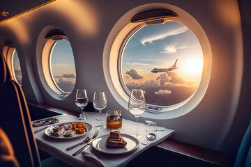 Luxury boarding in a private modern business jet. Luxurious interior in the right design. AI generated illustration.
