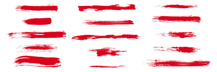 Red brush stroke set. Collection of painted grunge stripes. Ink paint