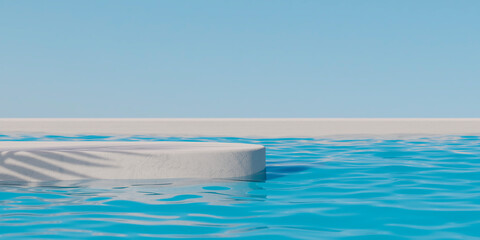Stone podium stand in luxury blue pool water. Summer background of tropical design product...