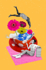 Creative vertical collage of young girl sitting directing finger magic fantasy design man jump...