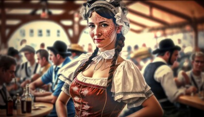 Fototapeta na wymiar Close-up of a waitress dressed in a traditional Bavarian dirndl at the Oktoberfest beer festival in Munich, Germany, generative ai 