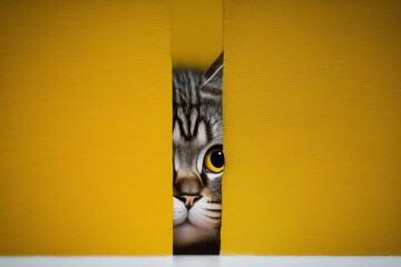 Cute tabby cat looking from behind the yellow wall background. Generative ai - 581404277