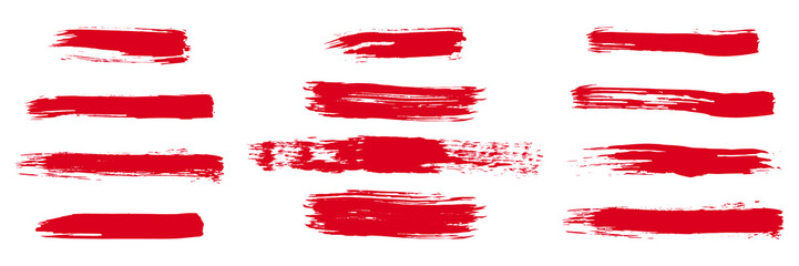 Red brush stroke set. Collection of painted grunge stripes. Ink paint