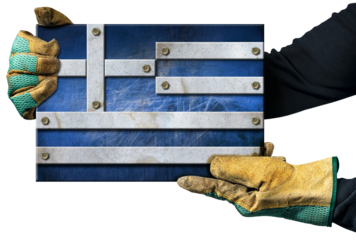 Manual worker with protective work gloves holding a metal national flag of the Greece (Greek flag), isolated on white or transparent background. Png.