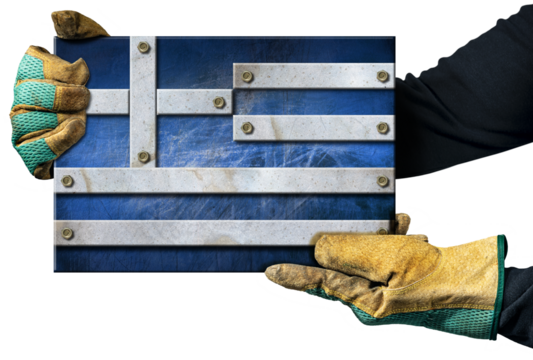 Manual worker with protective work gloves holding a metal national flag of the Greece (Greek flag), isolated on white or transparent background. Png.