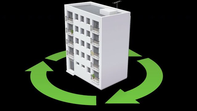Animation loop of an isometric 3D building around which the circular symbol of green recycling rotates (white background,transparency mask)