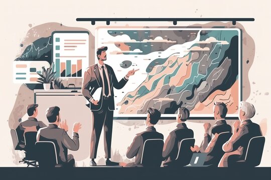 A manager businessman leading the presentation during the meeting in office vector illustration. Generative AI.