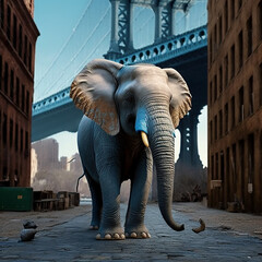 elephant walking in the Dumbo Brooklyn area with the brooklyn bridge behind