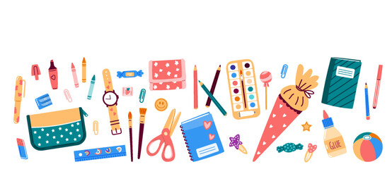 Banner,header with school stationery objects.Vector illustration in flat style