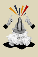 Collage composite 3d photo of young relaxed satisfied lady sitting paper trash fingers pointing creative ideas meditation isolated on gray background