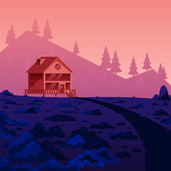 Vector hand drawn illustration of a cottage with mountains against the background.
