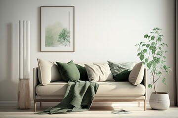 Beige sofa with green blanket and cushions standing against white, empty wall in minimalistic living room. Generative AI