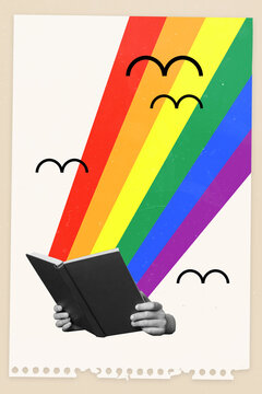 Collage photo of magazine template artwork hands hold reading concept information materials colorful rainbow lgbt isolated on white background